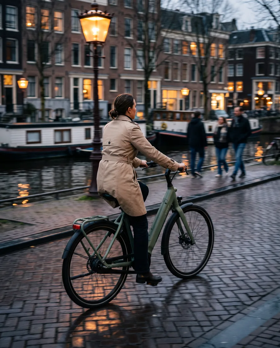 Vrouw fietst in de schemering op een elektrische fiets langs een gracht
