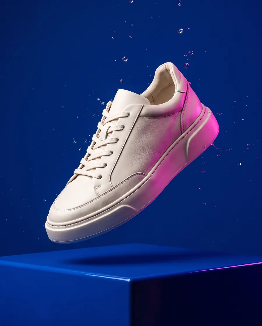 Witte sneaker boven een blauw blok