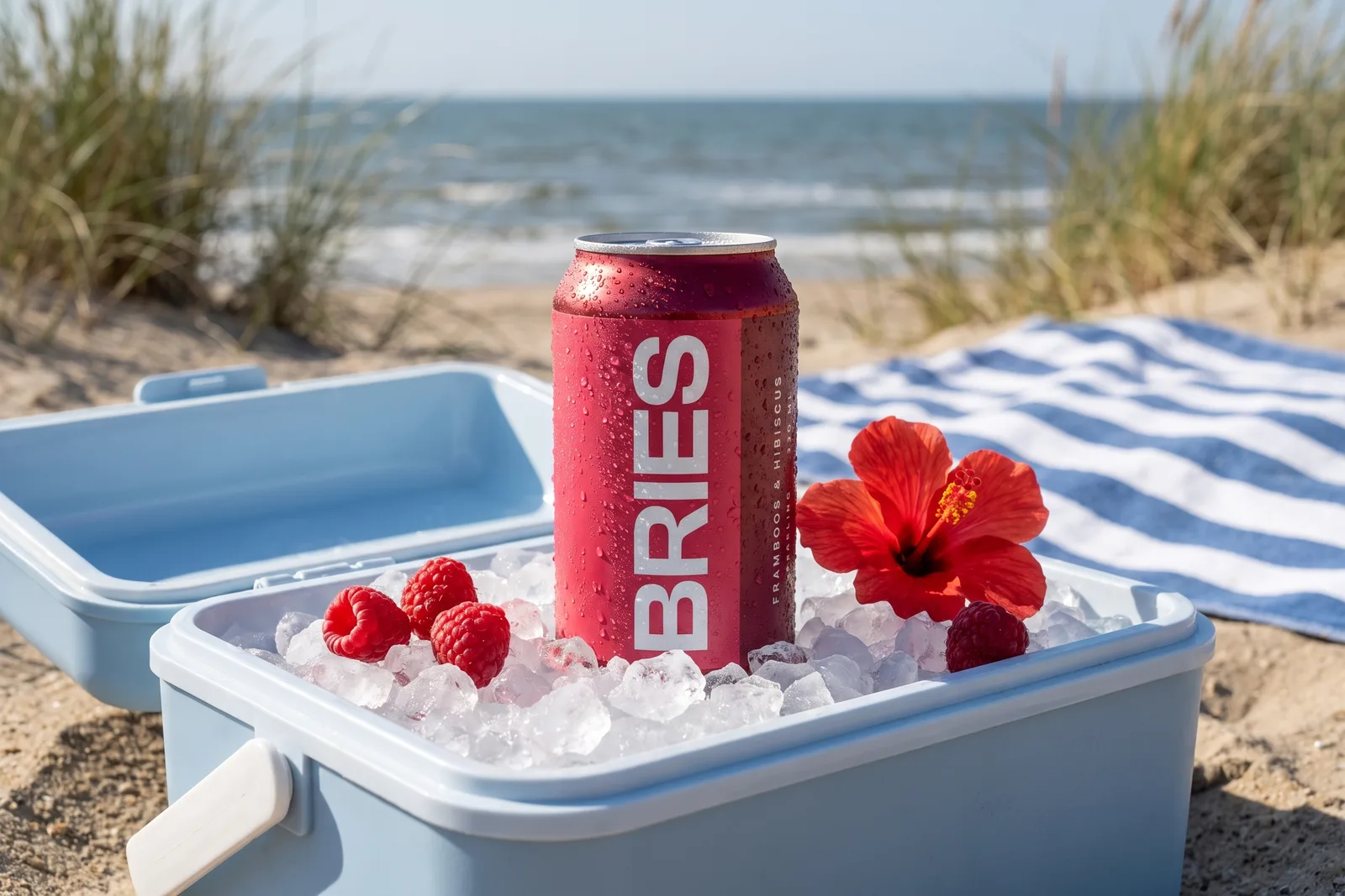 Blikje BRIES framboos in een koelbox op het strand