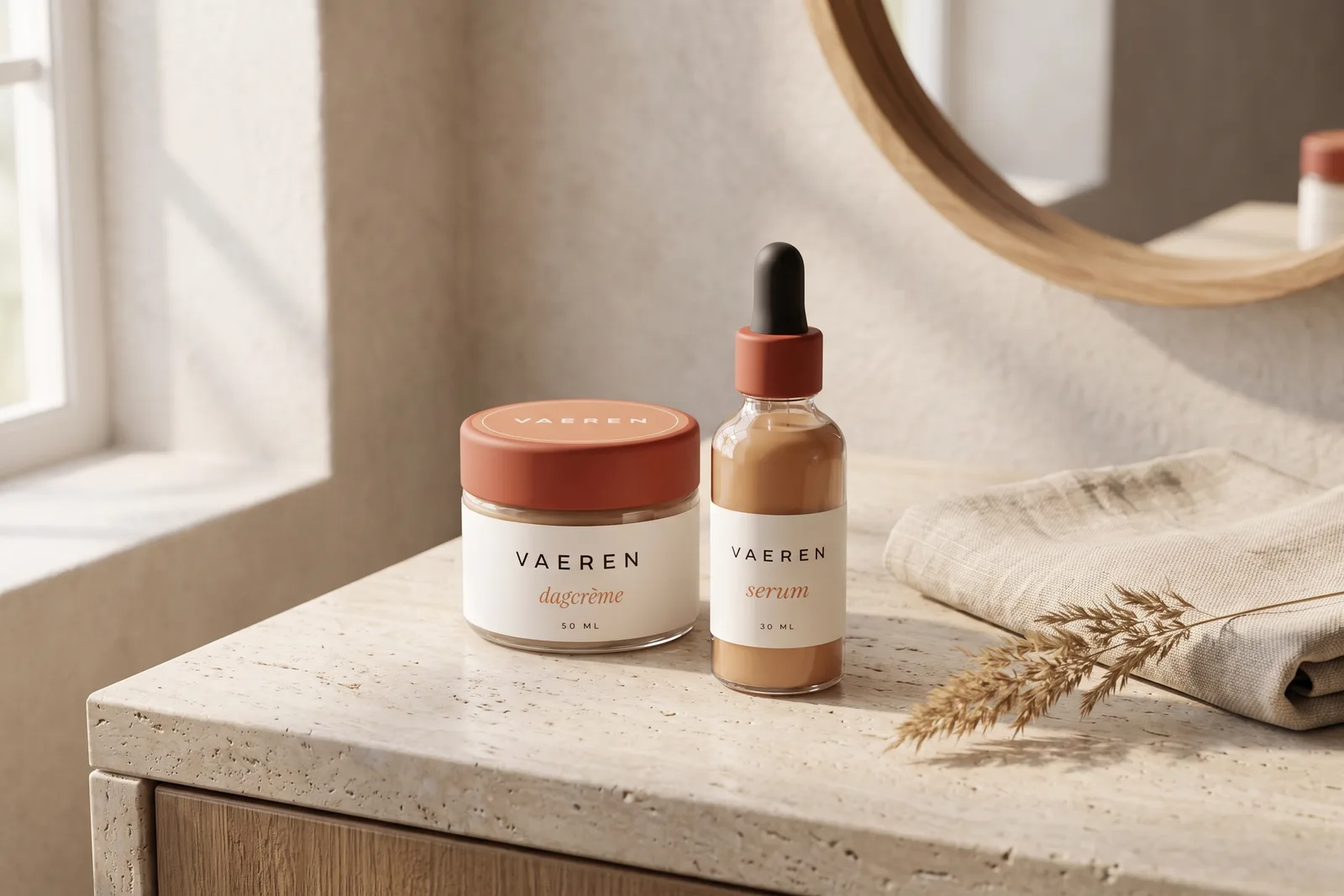 VAEREN-dagcrème en serum op natuursteen in de badkamer