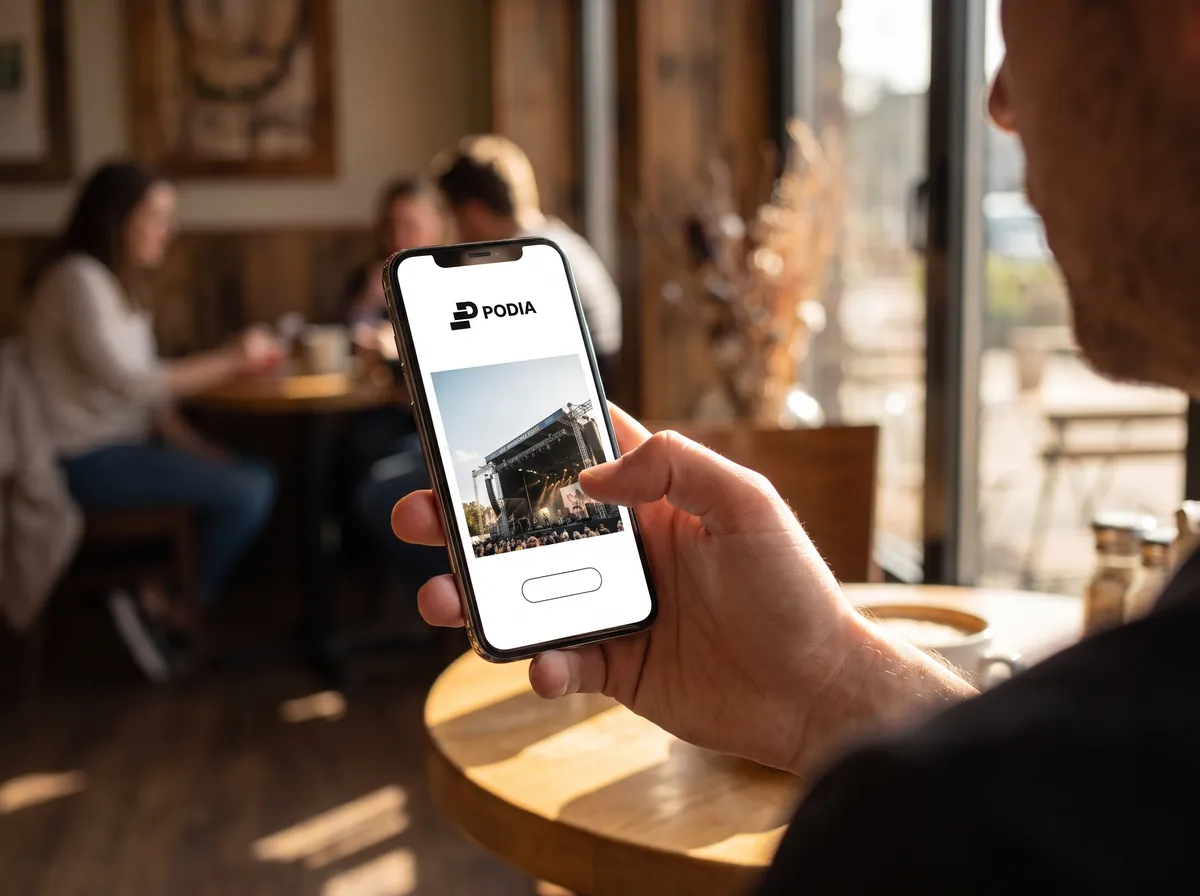 Iemand scrolt op een telefoon door de site van Podia